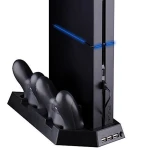 Vista lateral del soporte vertical PS4 con hub USB y base de carga para mandos