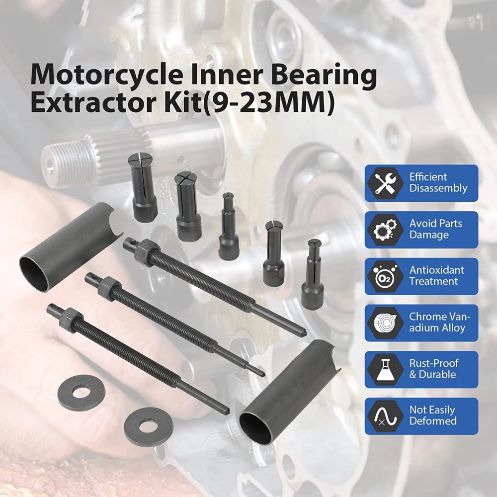 Extractor de cojinetes internos para motocicleta en uso en taller mecánico