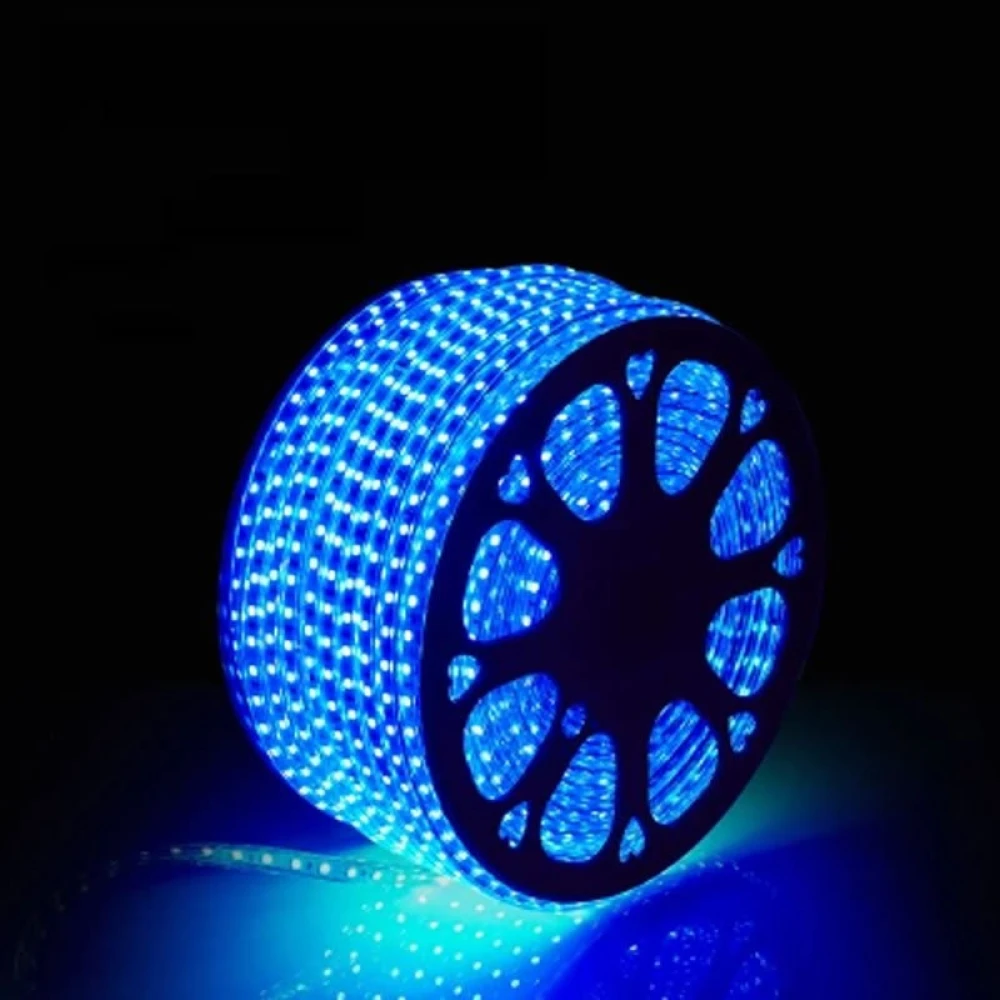 Detalle de tira LED RGB 220V SMD5050 con mando a distancia y protector IP65
