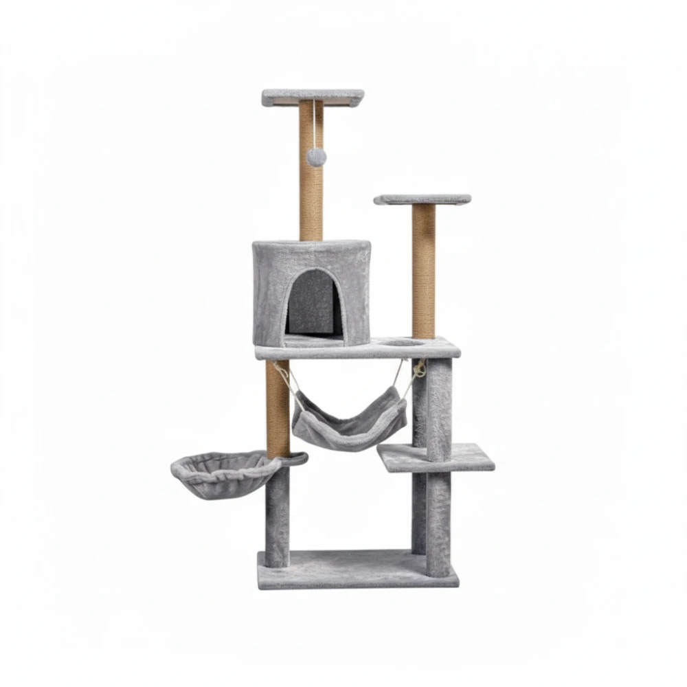 Mačji praskalnik 125 cm s hamakom, votlino in sisal stebri