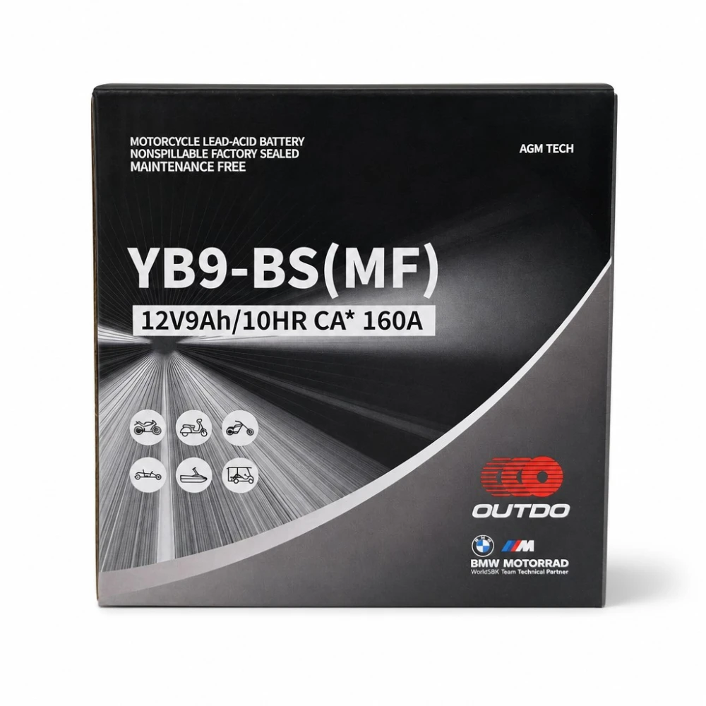 Motorna baterija AGM 12V 9Ah OUTDO YB9-BS(MF) - Združljiva z Yuasa YB9-B / GS GM9Z-3B-1 / GS YB9-B / 12N9-4B-1 (flooded)