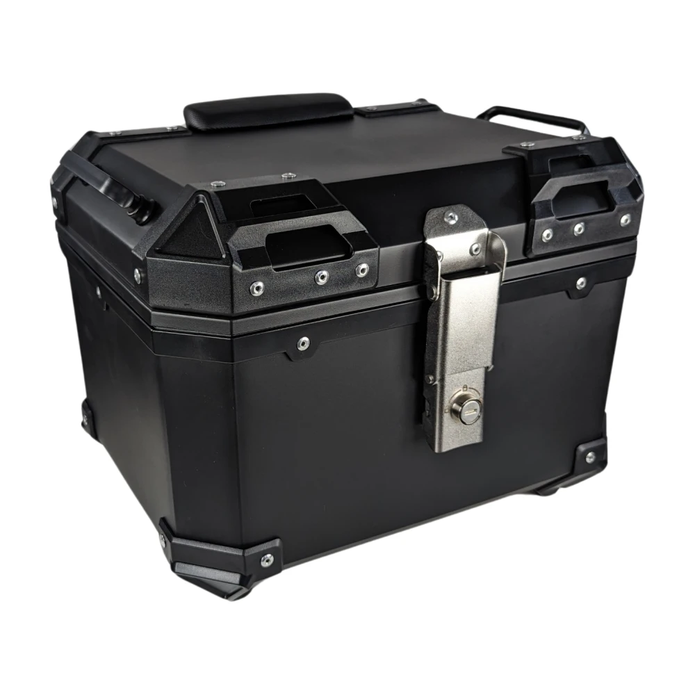 Vista lateral del baúl de moto universal 36L con respaldo lumbar y placa de montaje