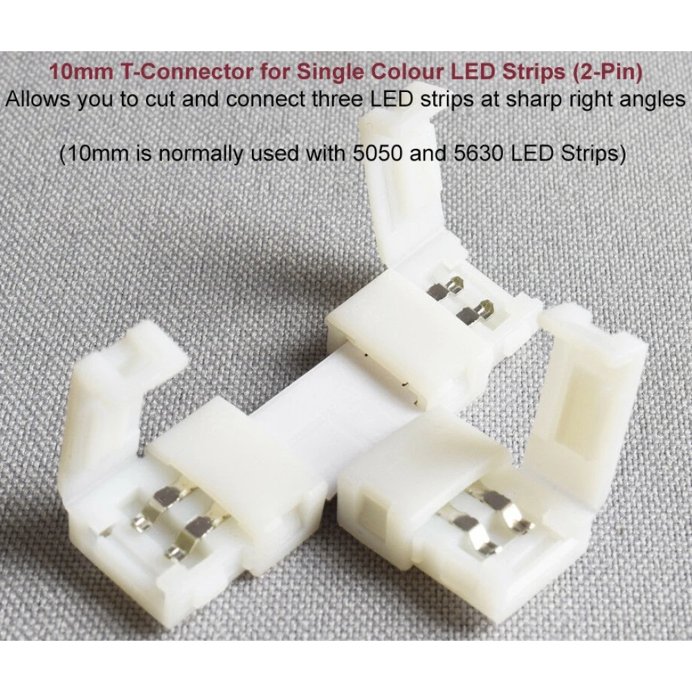 Detalle del conector clip LED forma T para tiras RGB 10mm 2 pines