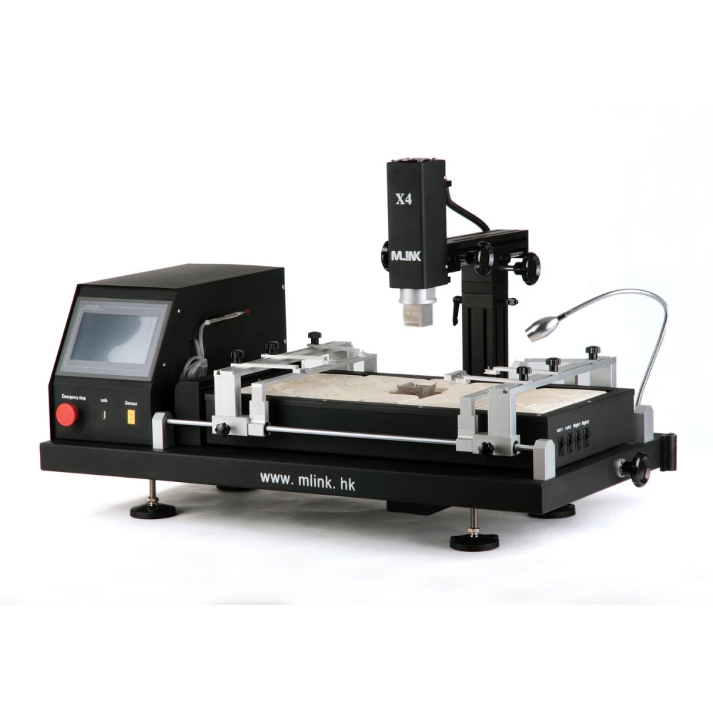 Vista lateral de estación de soldadura Mlink X4 con soporte ajustable para PCB
