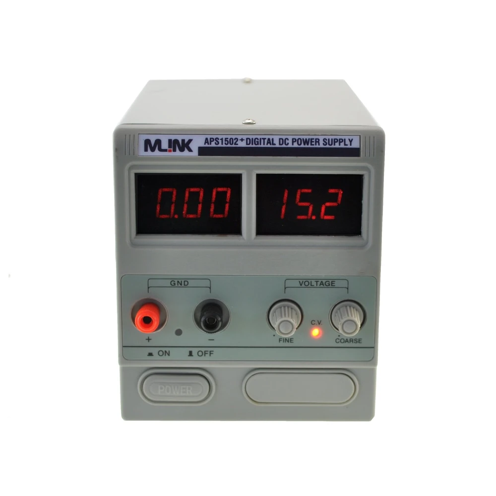 Detalle del display digital y potenciómetro frontal de la fuente Mlink APS1502+