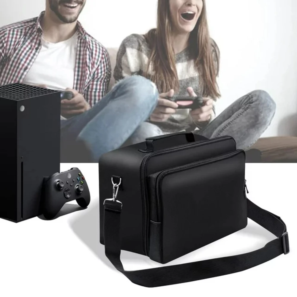 Maletín para Xbox Series X mostrando compartimentos para accesorios