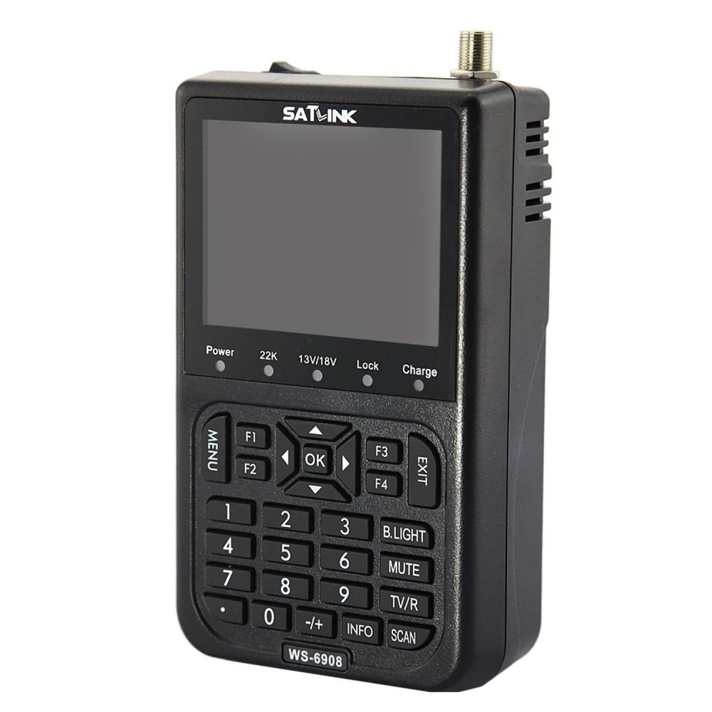 Vista frontal del medidor de satélite Satlink WS-6908 con conectores tipo F