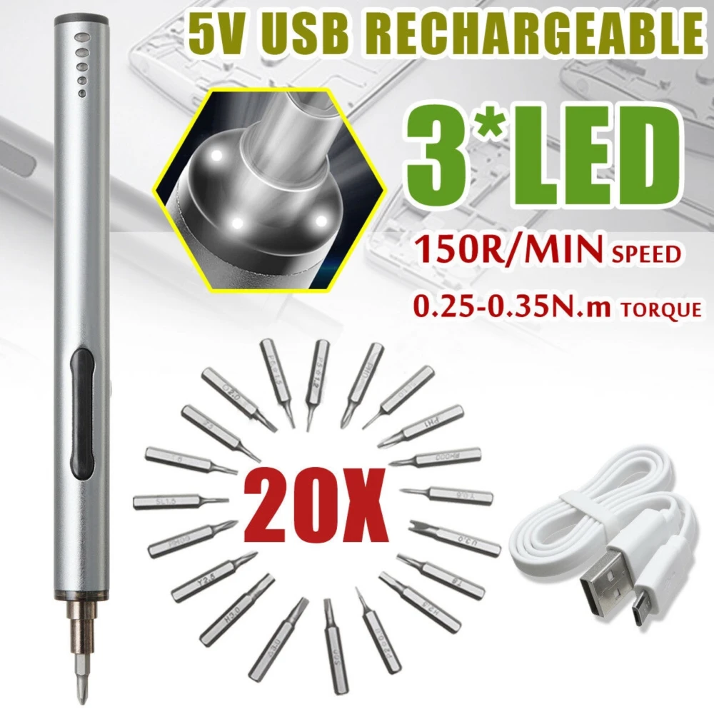 Mini električni brezžični izvijač USB polnljiv 3 LED multifunkcijski 22v1 set