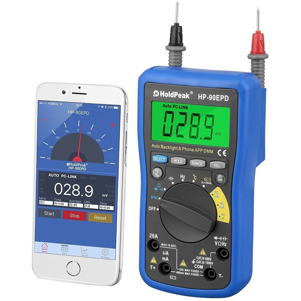 Digitalni multimeter HoldPeak HP-90EPD z mobilno aplikacijo in samodejnim razponom