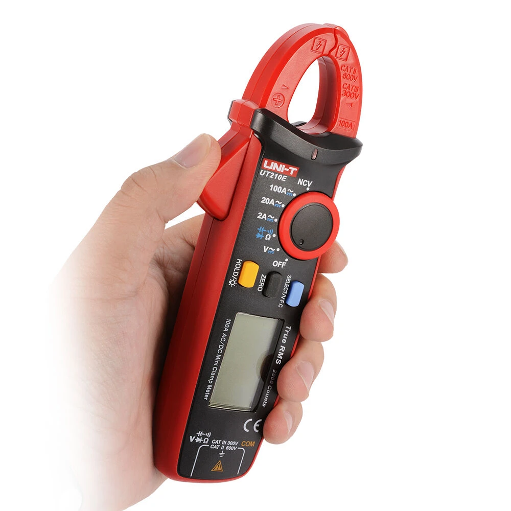 Pantalla LCD iluminada del multímetro digital UNI-T UT210E mostrando mediciones