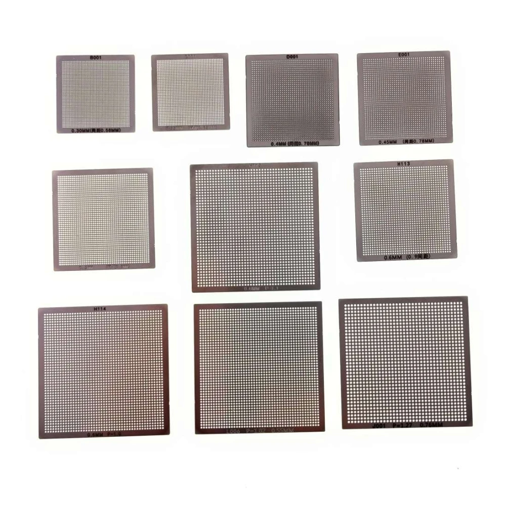 Komplet 10 univerzalnih BGA šablon za reballing 0,3 do 0,76 mm
