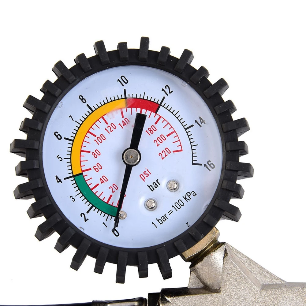 Pistola inflador de neumáticos con manguera de 340 mm y medidor de presión integrado