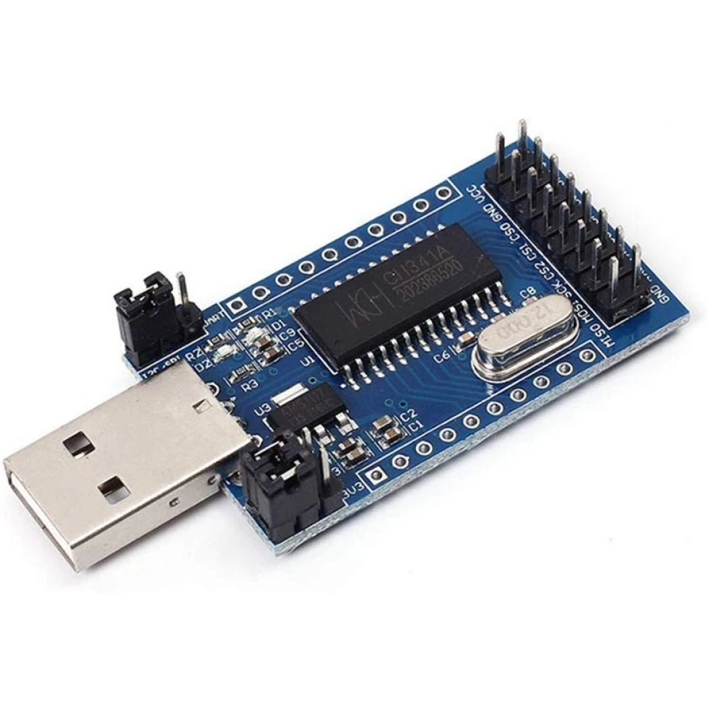 Vista del convertidor USB a puerto paralelo CH341A con chip integrado