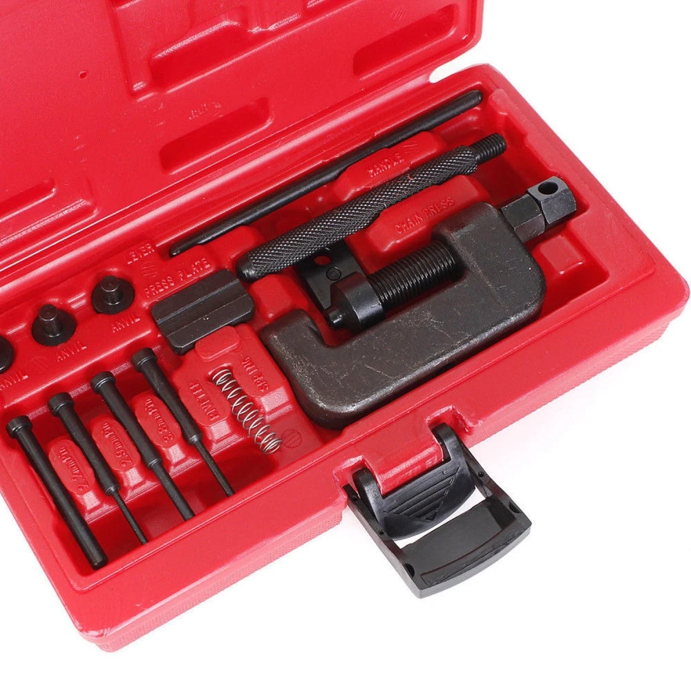 Herramienta para remachar cadenas de motos con cabezal giratorio y varillas extractoras