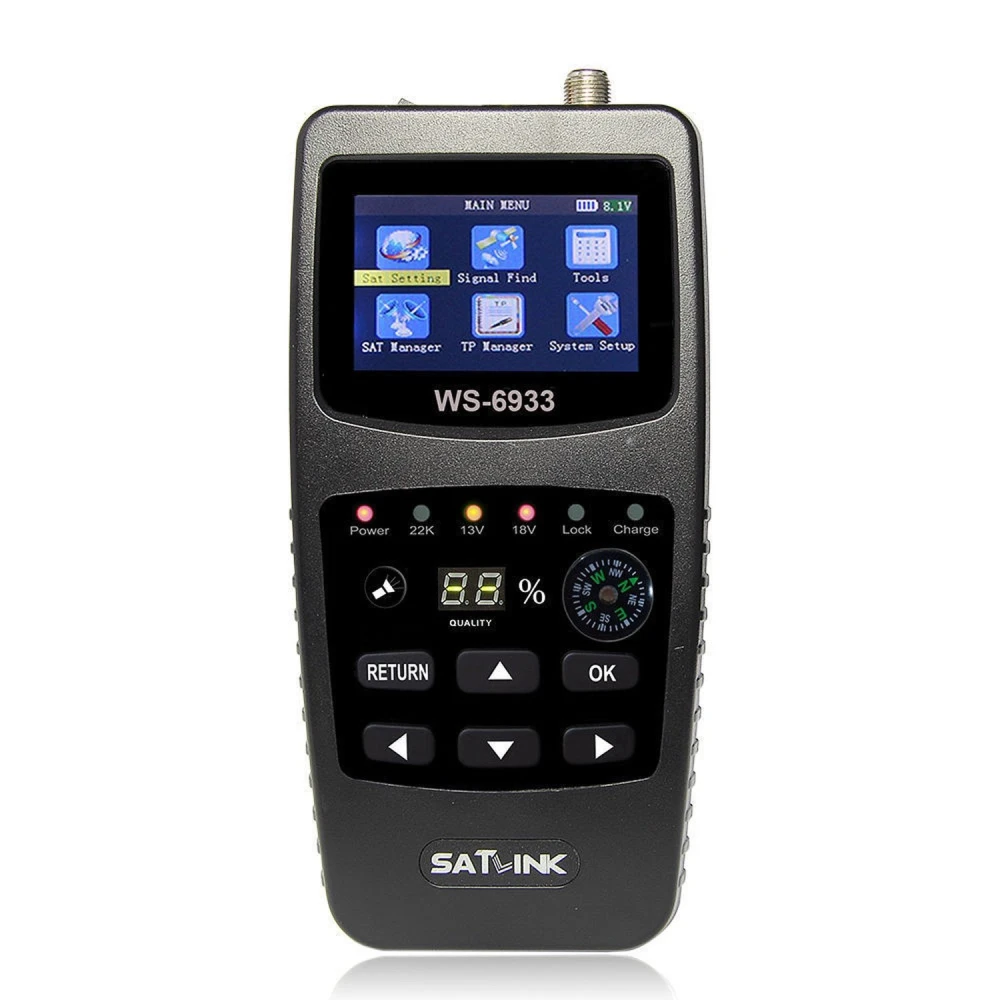Vista frontal del Satlink WS-6933 buscador de señal satélite con pantalla LCD