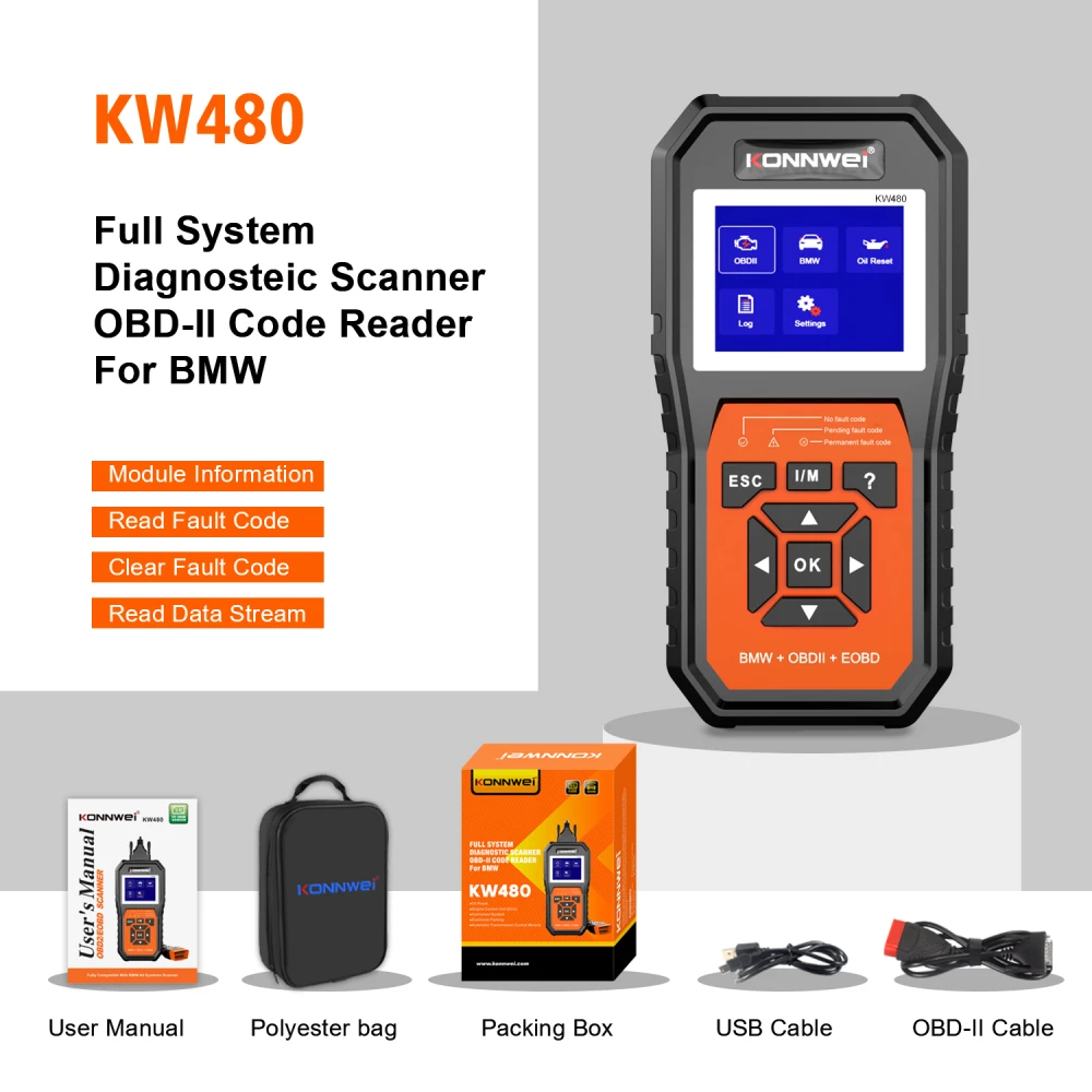 Scanner BMW Konnwei KW480 conectado a vehículo para diagnóstico OBD2