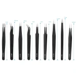 Detalle de puntas de pinzas antiestáticas de acero inoxidable color negro