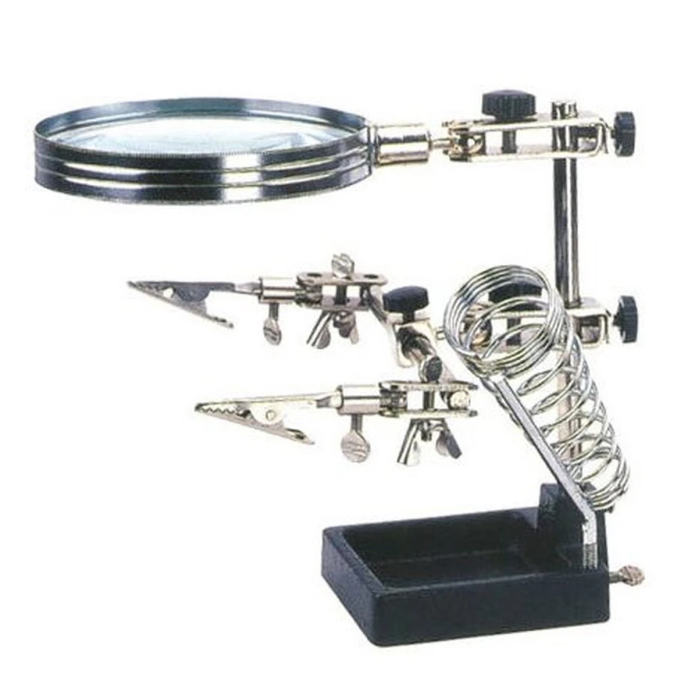 Stojalo z lupo za spajkanje elektronike s prostoročnim delom in držalom za spajkalnik