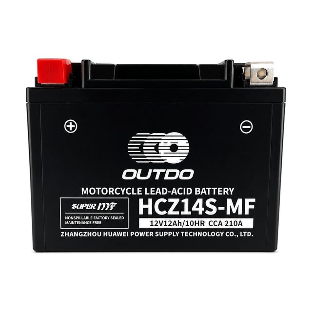 OUTDO HCZ14S-MF, akumulator za motor YTZ14S, prikazan od spredaj z obema priključnima poloma