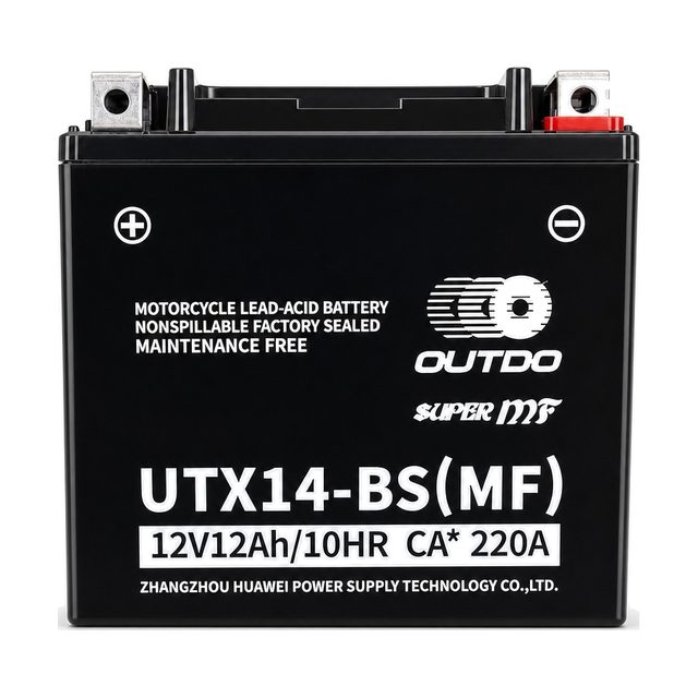 OUTDO UTX14-BS, akumulator za motor YTX14-BS, prikazan od spredaj z obema priključnima poloma