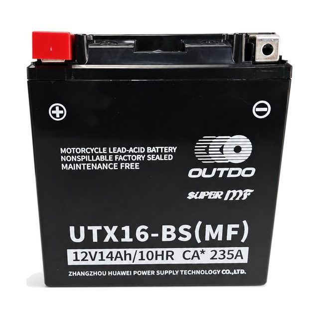 OUTDO UTX16-BS, akumulator za motor YTX16-BS, prikazan od spredaj z obema priključnima poloma