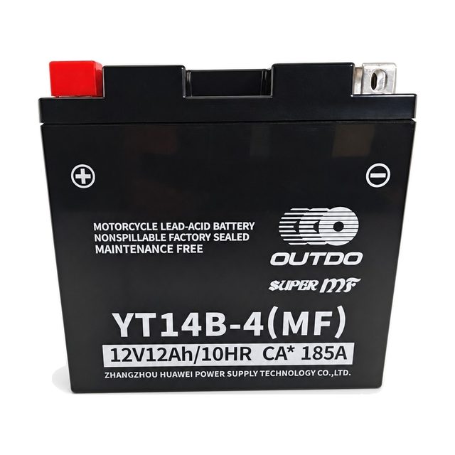 OUTDO YT14B-4, akumulator za motor YT14B-BS, prikazan od spredaj z obema priključnima poloma