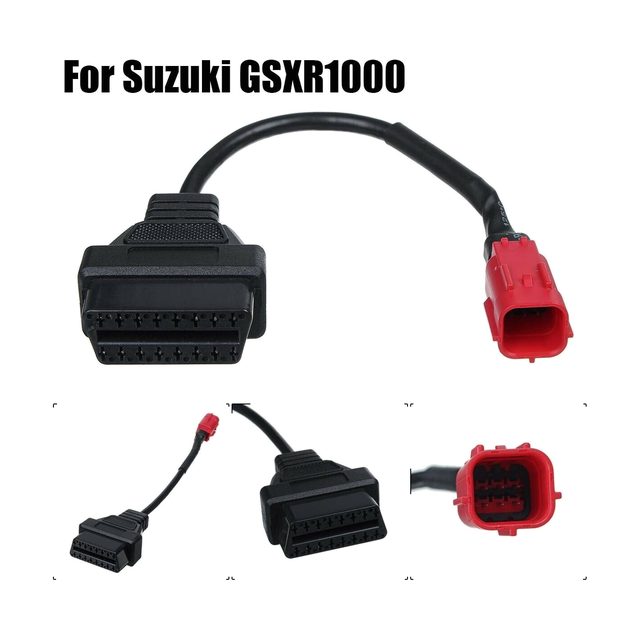 Kratek diagnostični kabel za motocikel Suzuki z rdečim 6-polnim priključkom in črno 16-polno vtičnico OBD2