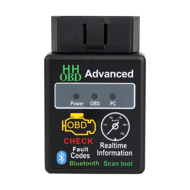 Črn ELM327 Bluetooth »HH OBD Advanced«, prikazan od spredaj, z lučkami Power, OBD in PC