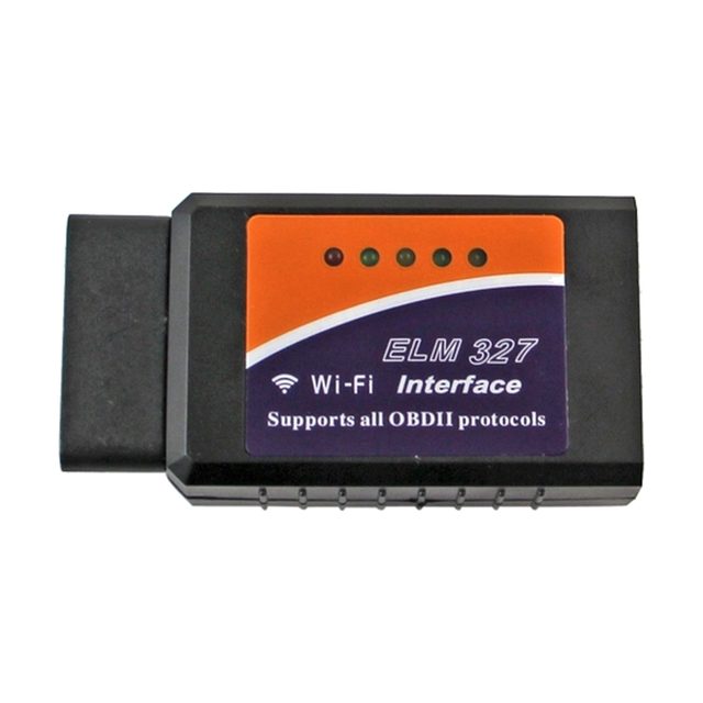 Črn adapter ELM327 WiFi z oranžno nalepko